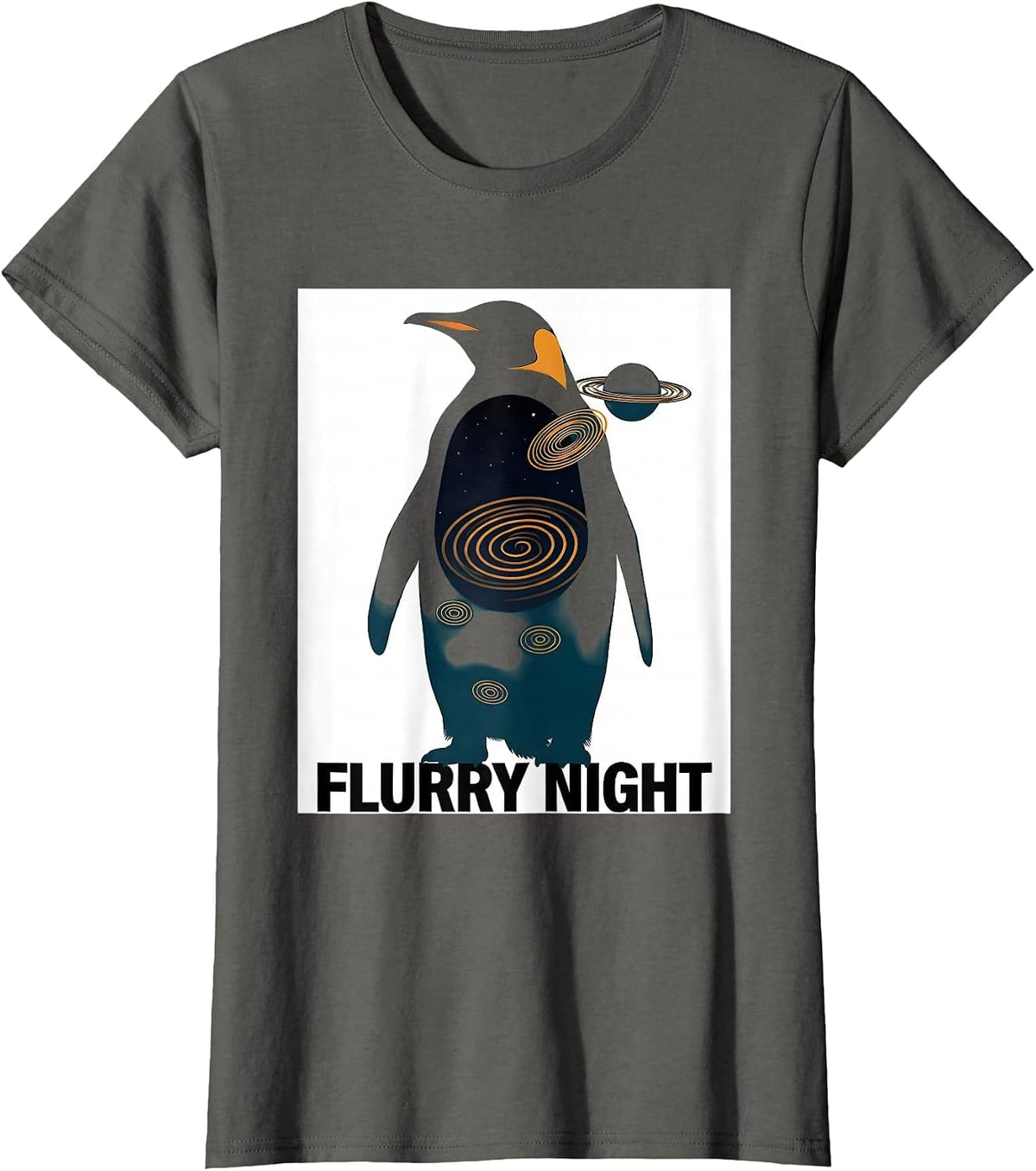 Women's Flurry Night Penguin Van Gogh Animal Lover Art T-Shirt - Asphalt Grey