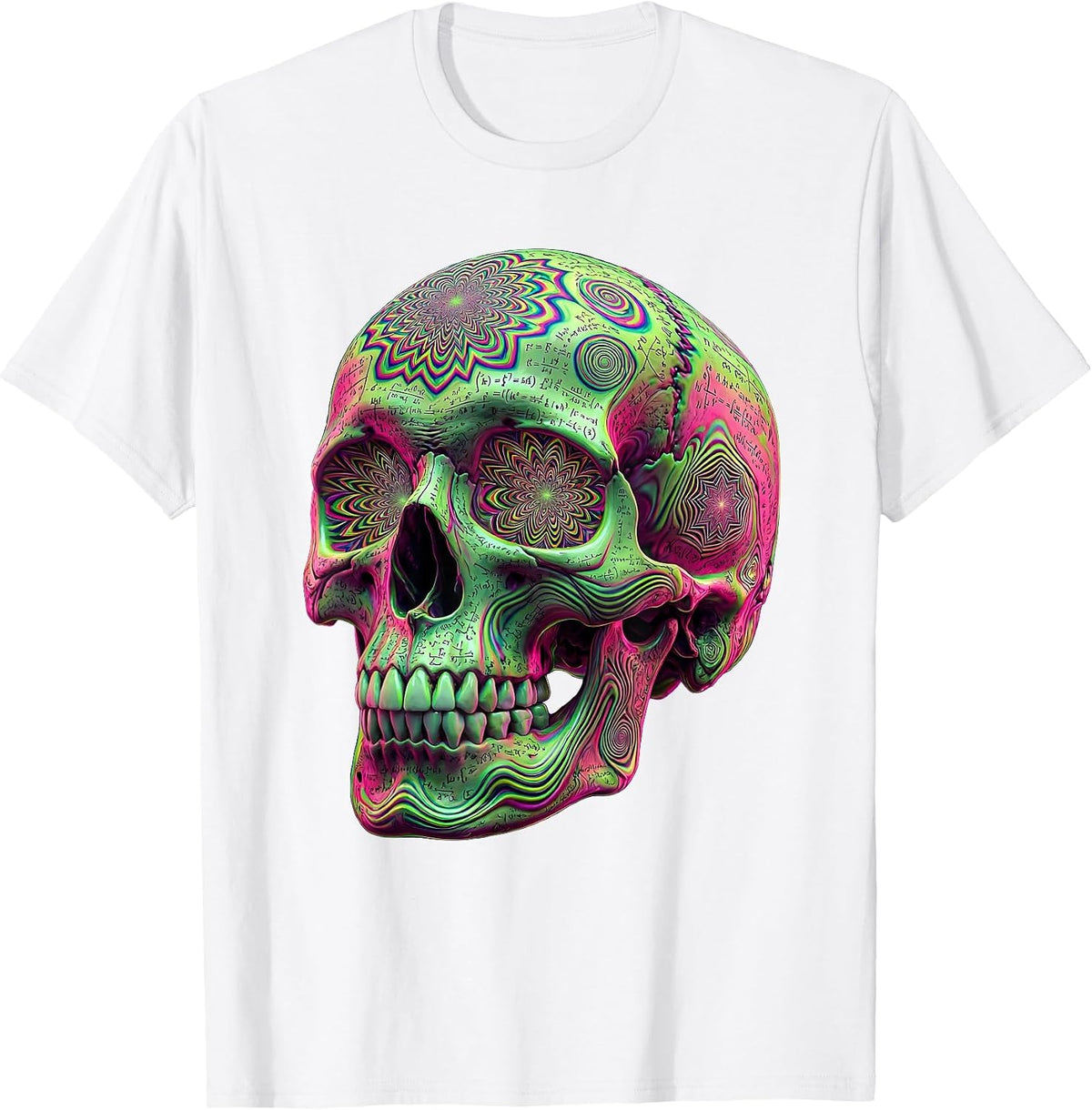 Skull Mathematical Formulas Engraved Art Design T-Shirt - White