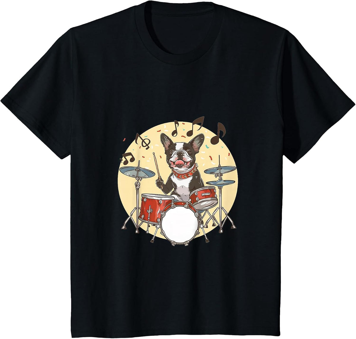Boston Terrier Dog Playing The Drums Musician Dog Rock Band T-Shirt - Black