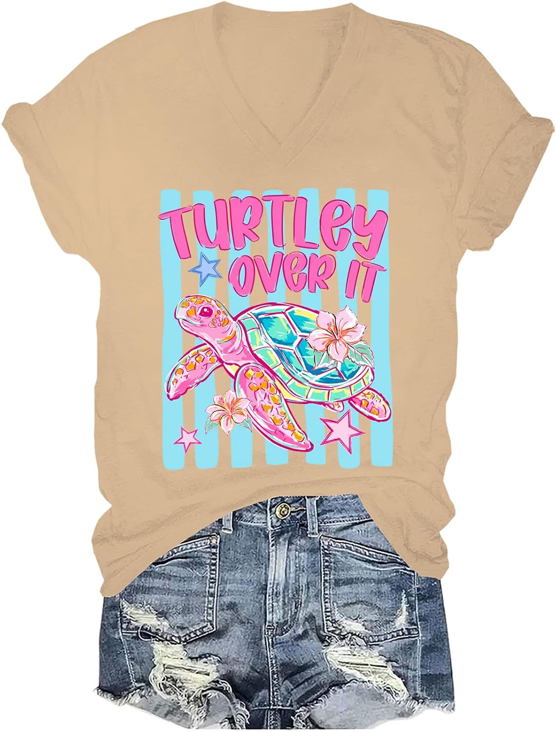 Turtley Over It Shirt Turtley Over It Turtle Tshirt Funny Sea Turtle Ocean Summer Vibes Floral T-Shirt - V-Neck Khaki
