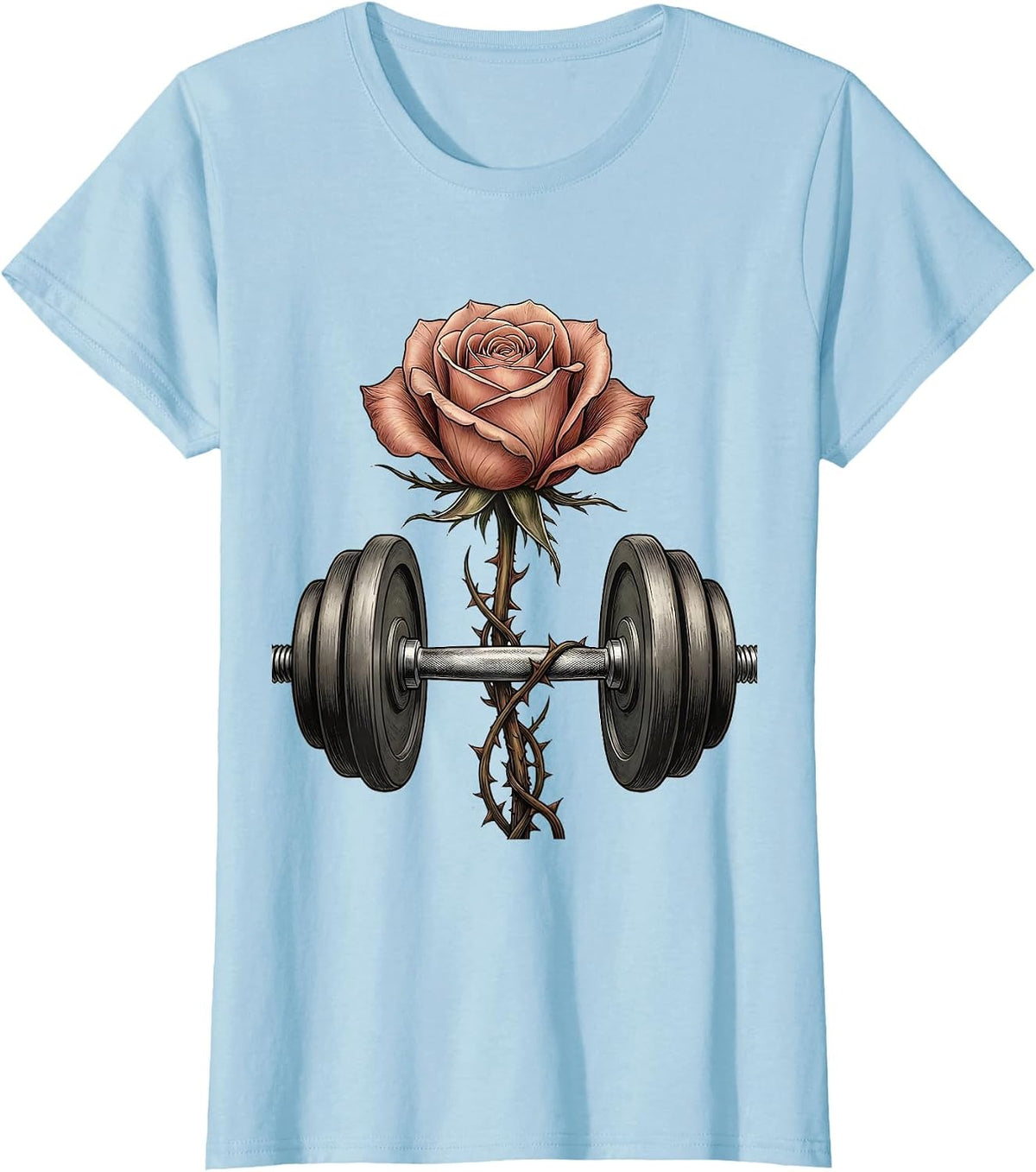 Rose Blooming From Dumbbell Floral Fitness Design T-Shirt - Baby Blue