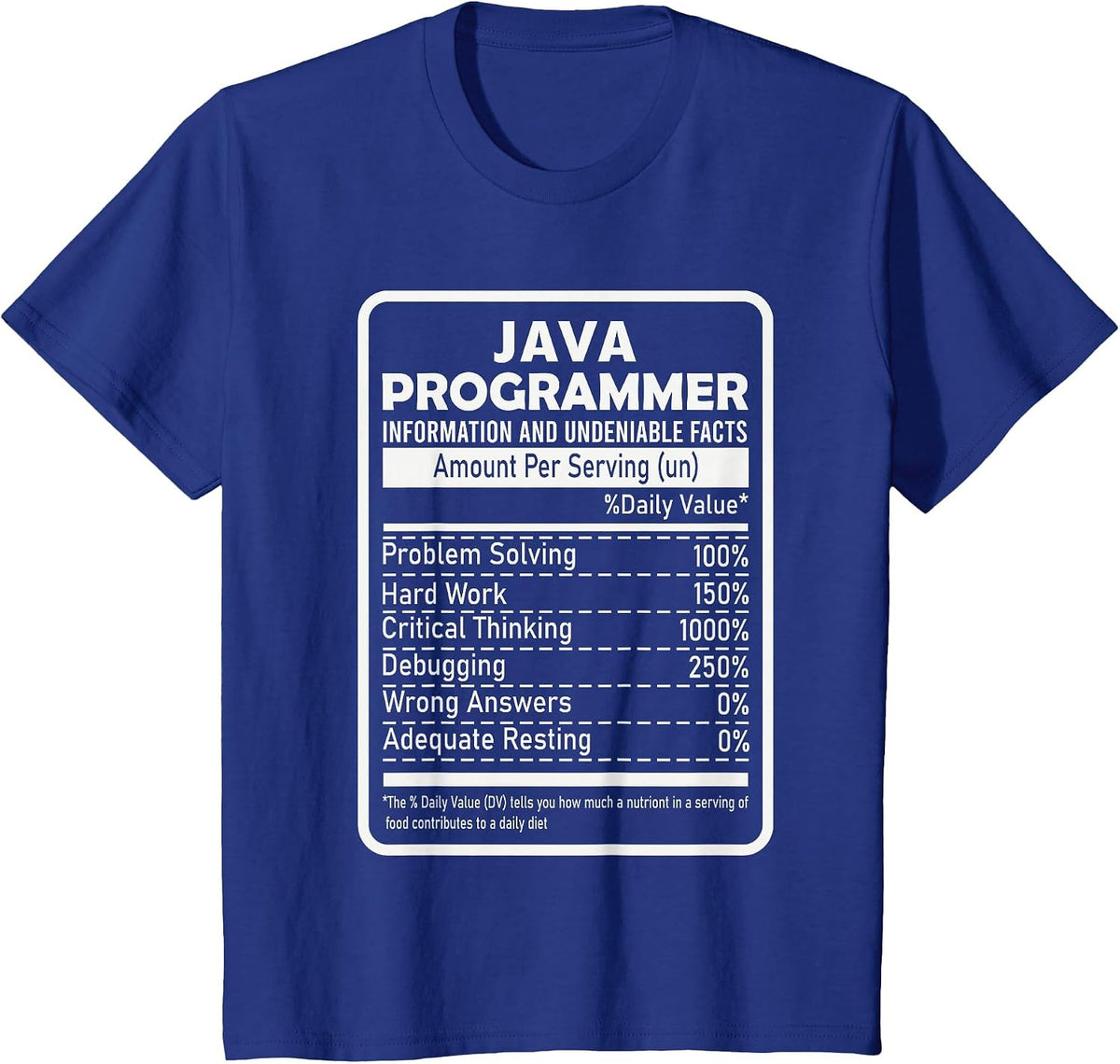 Funny Java Programmer Nutritional Facts Java Programming T-Shirt - Royal Blue