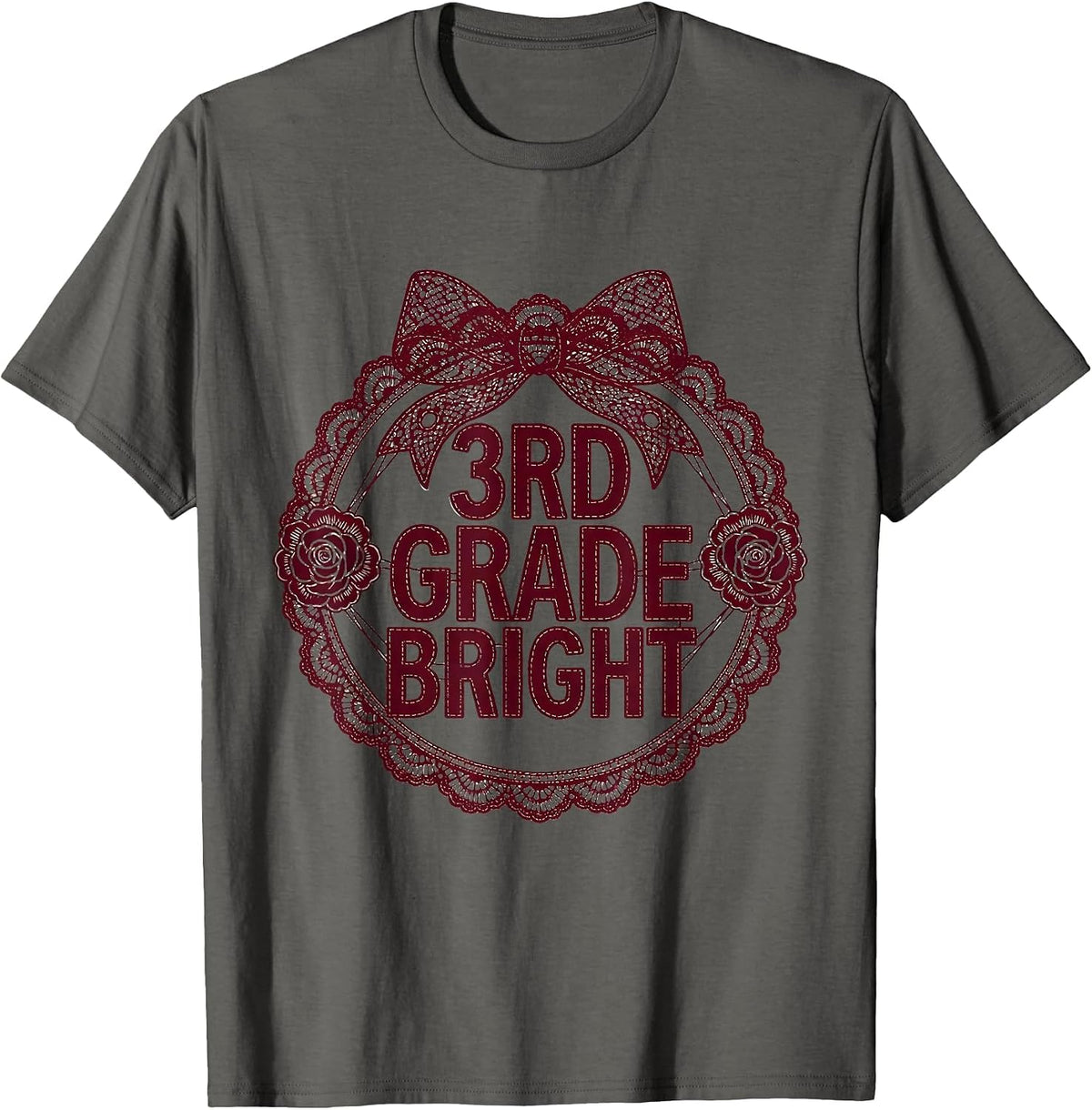 3rd Grade Bright Lace Cutwork Back to School Coquette Bow T-Shirt - Asphalt Grey
