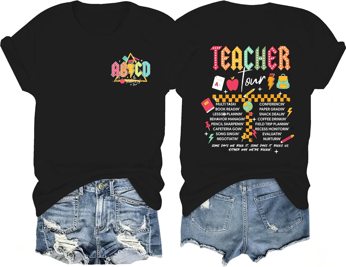 Teacher Shirts for Women ABCD Teacher Tour Teaching Life Tee Tops - Black