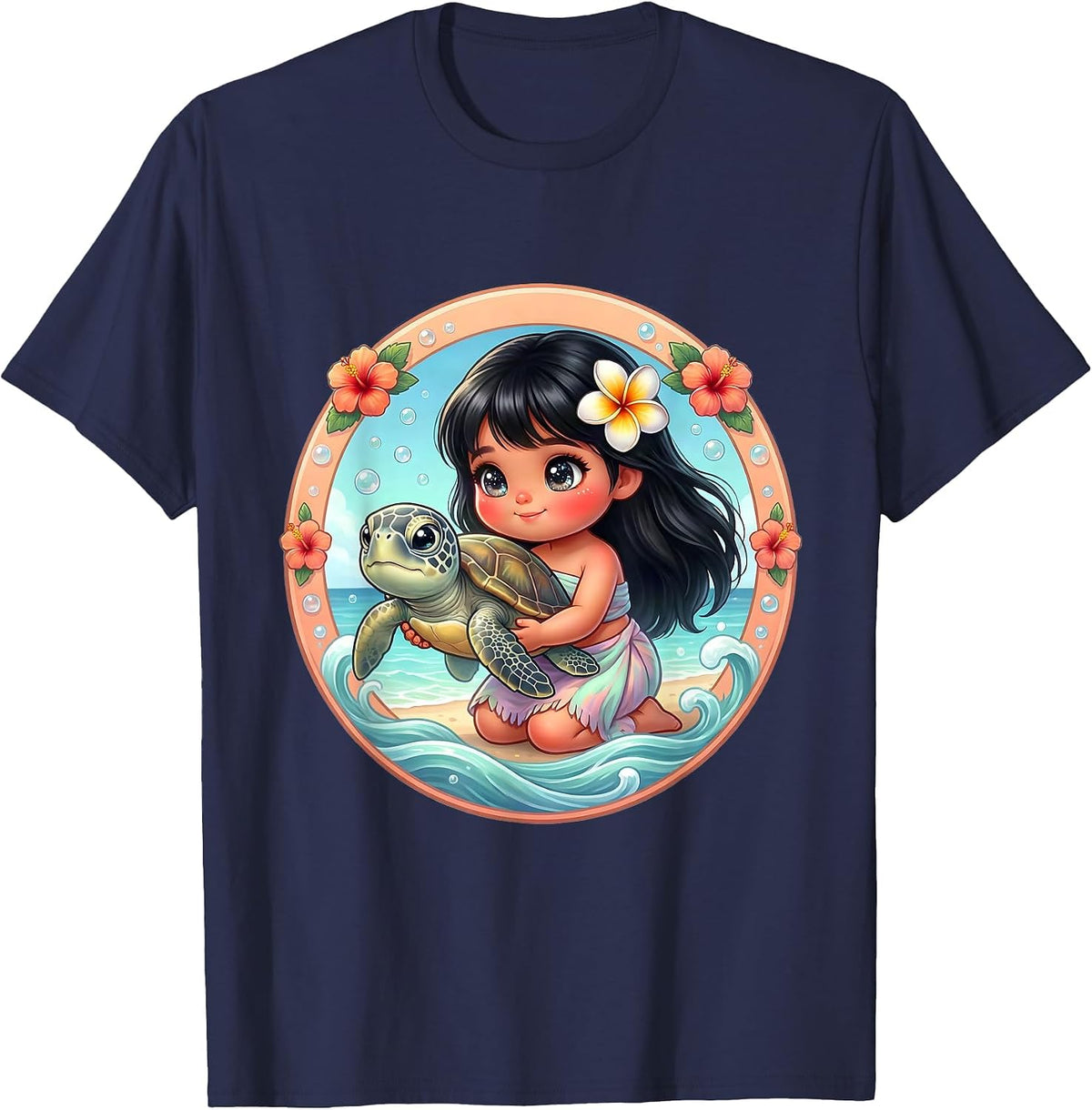 Men's Hawaiian Girl Releasing Sea Turtle Ocean Art T-Shirt - Navy Blue