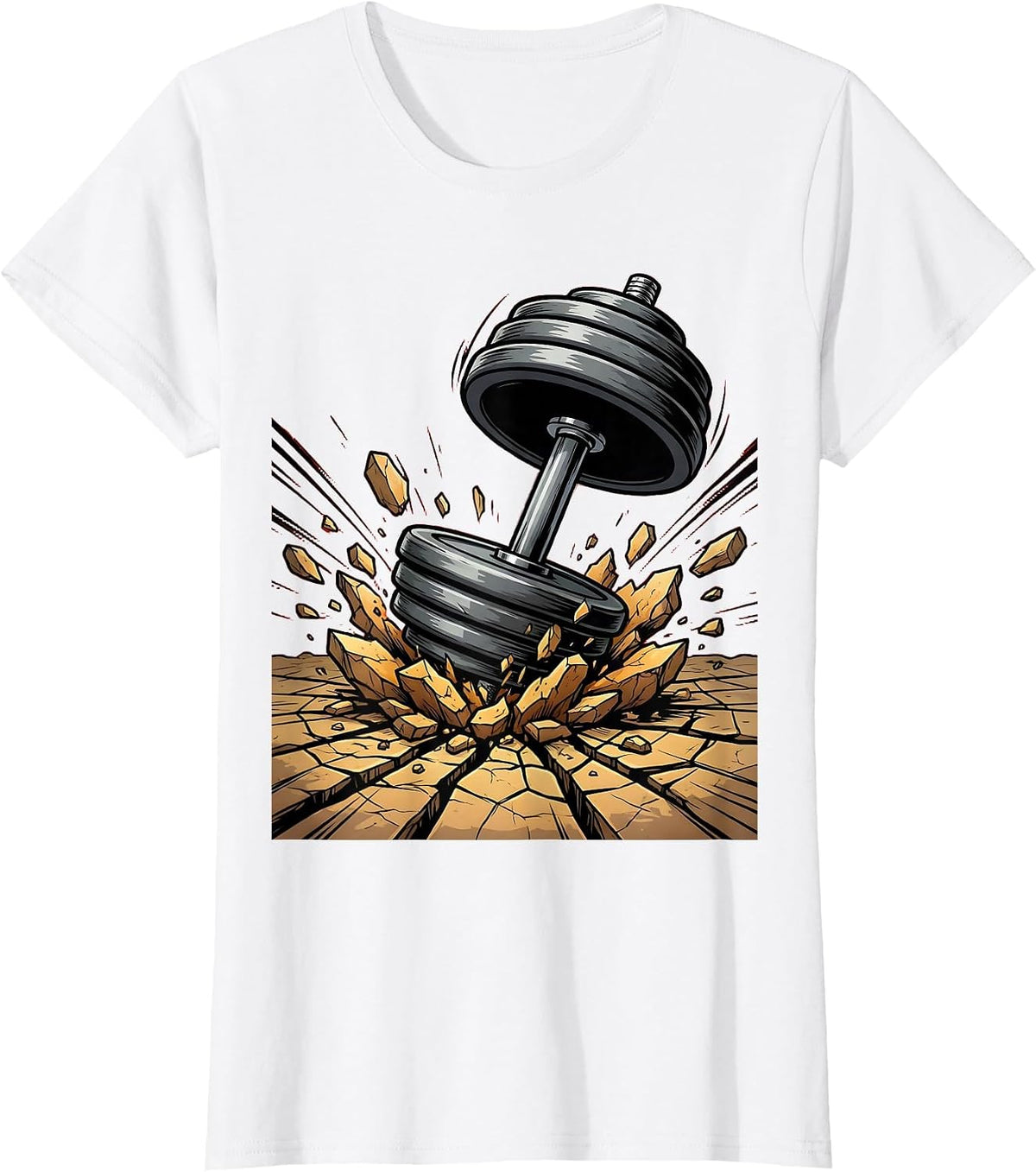 Dumbbell Smashing Through Stone Ground Graphic T-Shirt - White