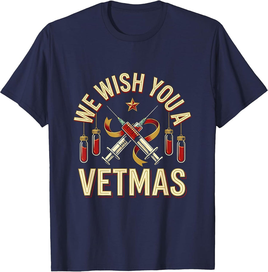 We Wish You A Vetmas Funny Veterinarian Vet Tech Christmas T-Shirt - Navy Blue