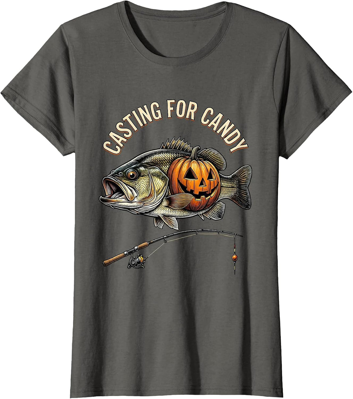 Women's Casting for Candy Funny Halloween Skeleton Fishing Bass T-Shirt - Asphalt Grey