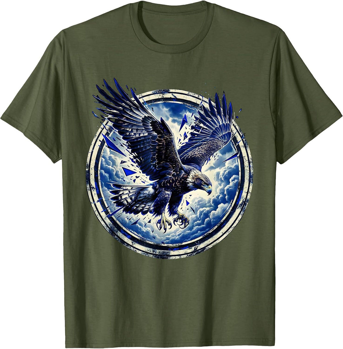 Falcon Diving Through Storm Clouds Freedom Design T-Shirt - Olive Green