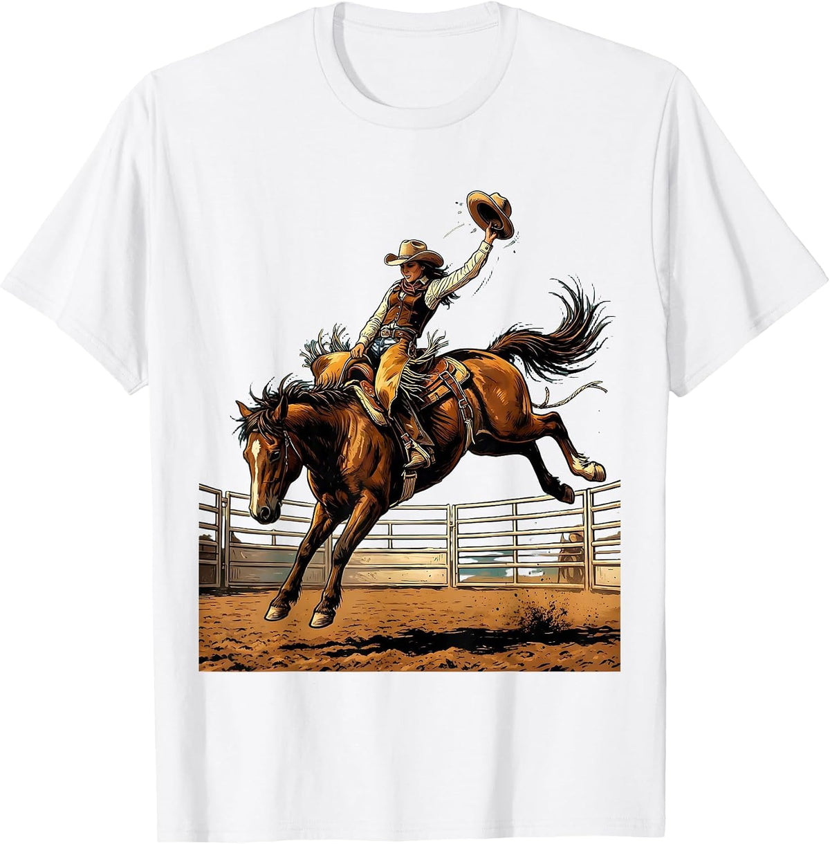 Men's Cowgirl on Bucking Bronco Rodeo Arena Graphic T-Shirt - White