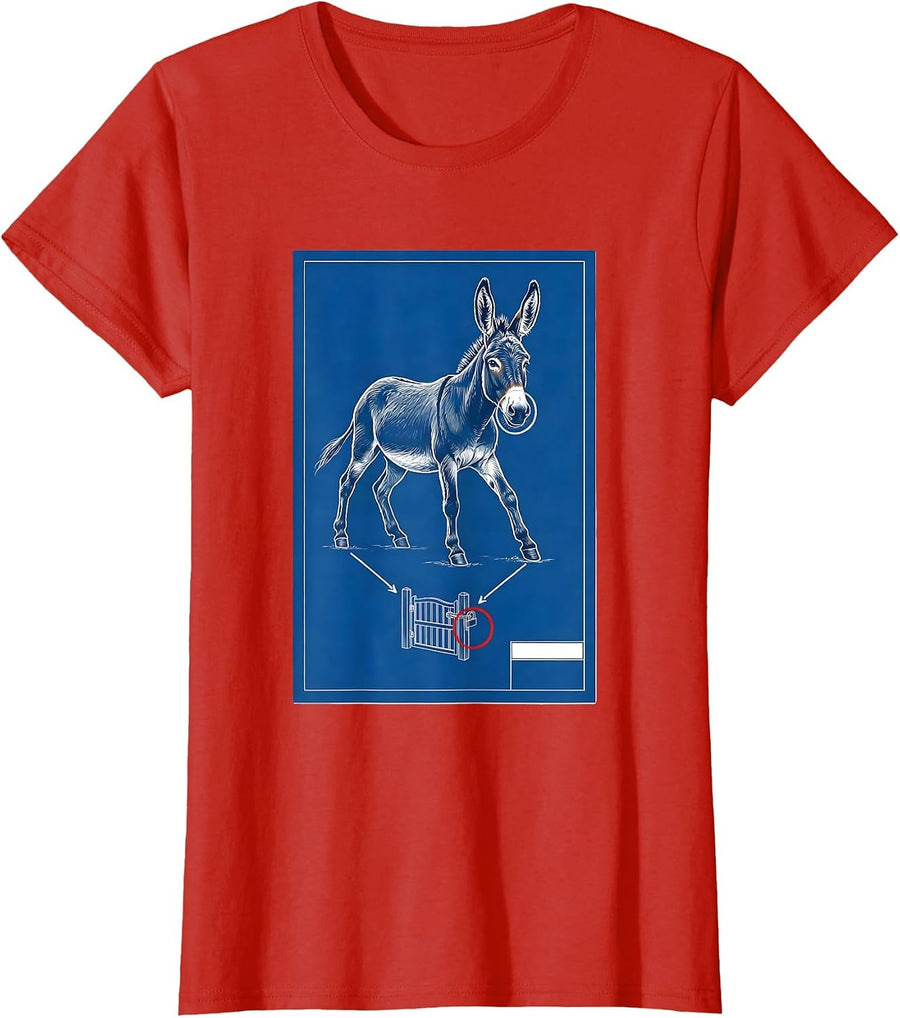 Women's Donkey Silhouette Technical Blueprint Animal Lover Humor T-Shirt - Red