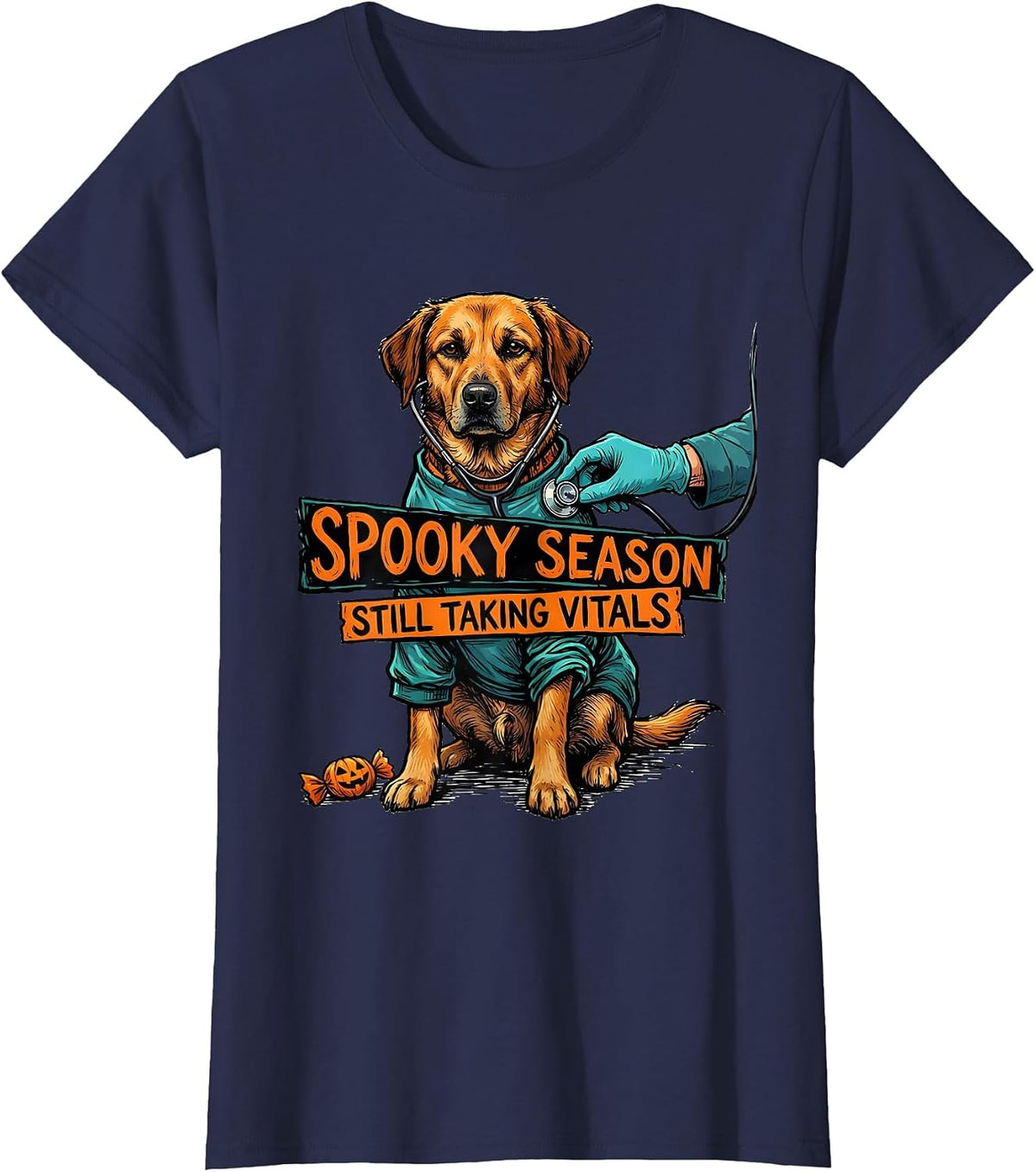 Women's Spooky Season, Still Taking Vitals Funny Vet Tech Veterinary T-Shirt - Navy Blue