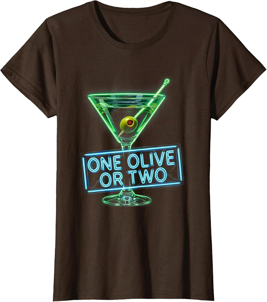 Women's One Olive Or Two Martini Cocktail Design T-Shirt - Brown