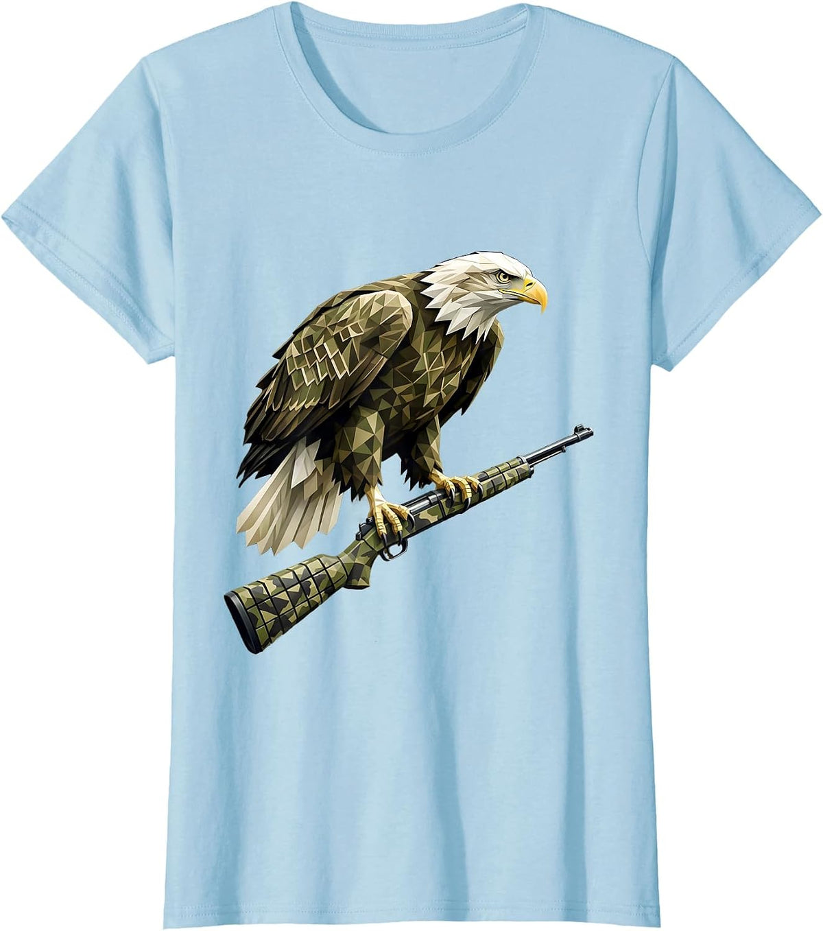 Camo Bald Eagle Perched on Rifle Barrel T-Shirt - Baby Blue