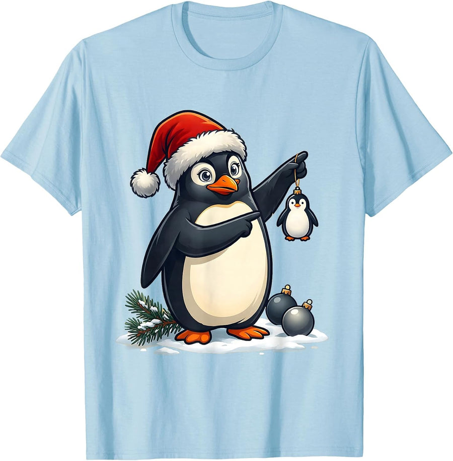 Men's Penguin in Santa Hat Cute Christmas Ornament Penguin Lover T-Shirt - Baby Blue