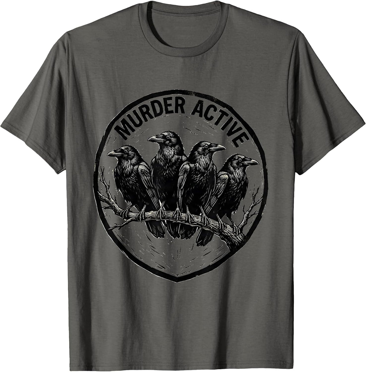 MURDER ACTIVE Linocut Dark Humor Crow Bird Lover Gothic T-Shirt - Asphalt Grey