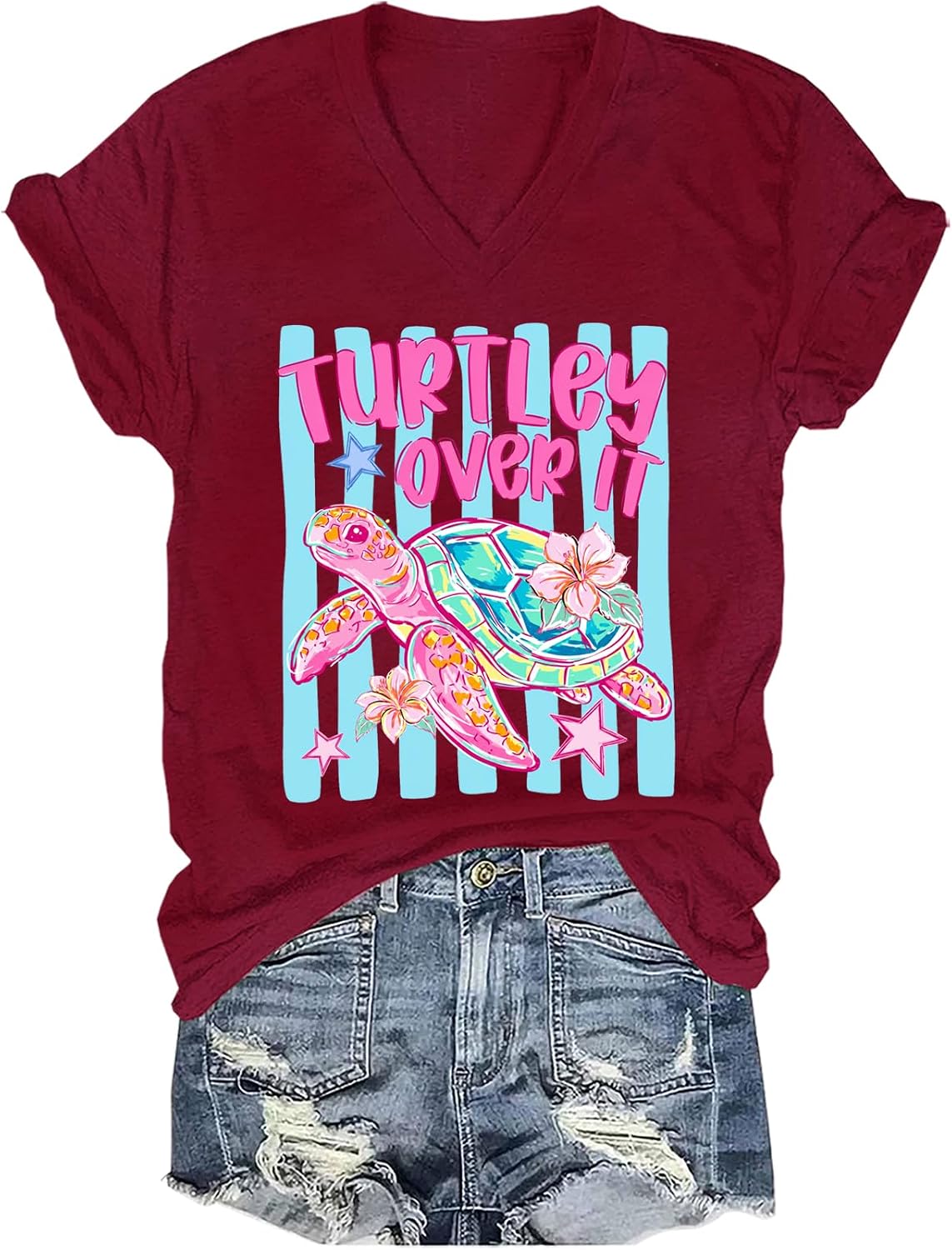 Turtley Over It Shirt Turtley Over It Turtle Tshirt Funny Sea Turtle Ocean Summer Vibes Floral T-Shirt - V-Neck Claret