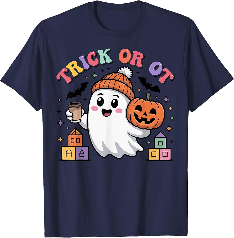 Trick or OT Spooky Occupational Therapy Ghost Halloween T-Shirt - Navy Blue