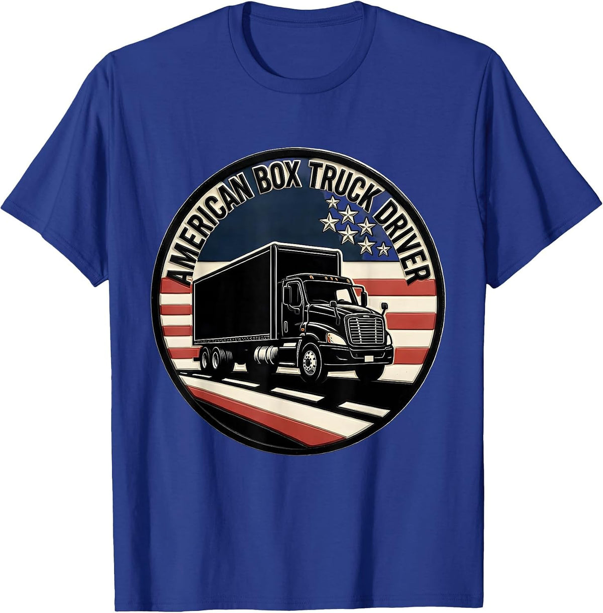 Men's American Box Truck Driver Patriotic Trucker Pride Linocut T-Shirt - Royal Blue