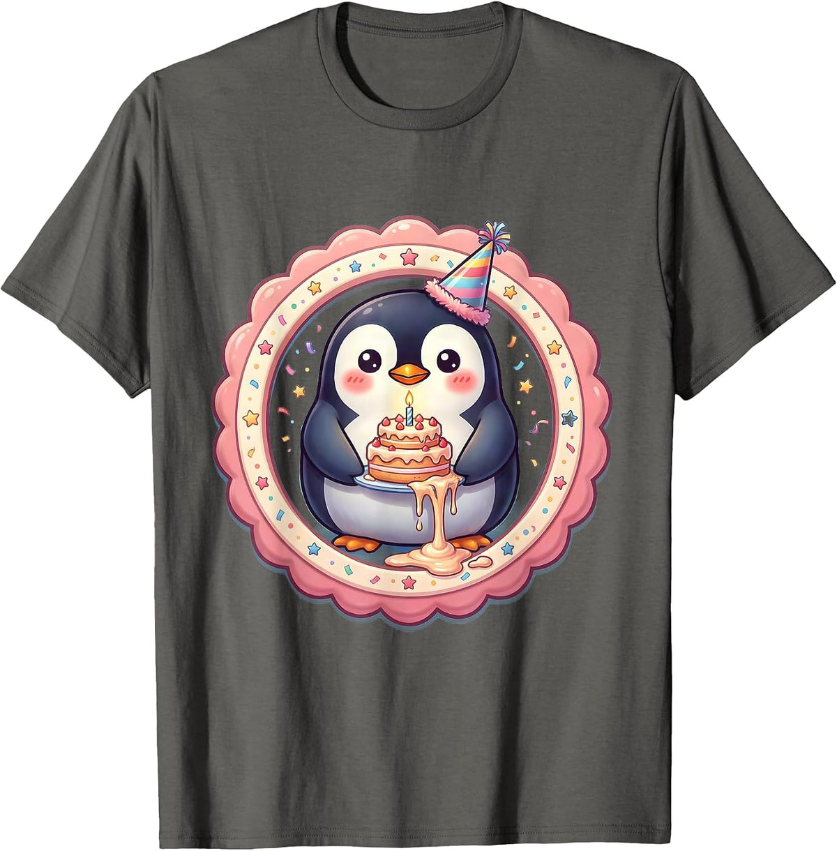 Men's Penguin Birthday Cake Celebration Graphic T-Shirt - Asphalt Grey