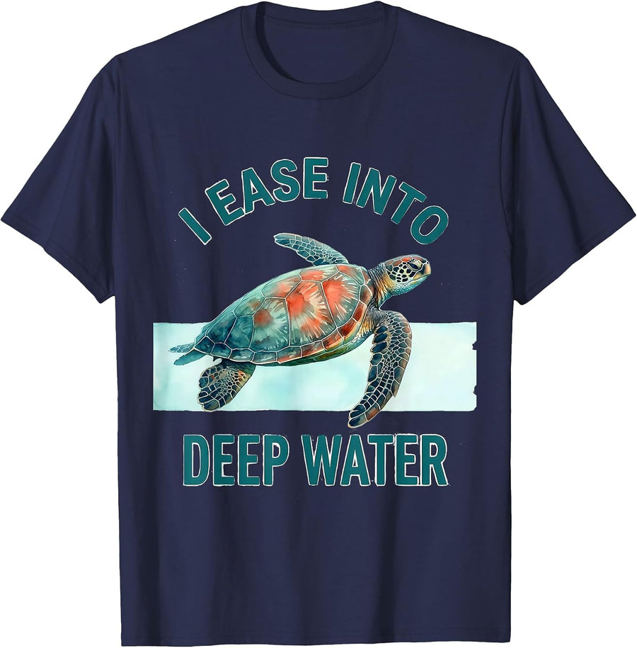 I Ease Into Deep Water Watercolor Sea Turtle Beach Vacation T-Shirt - Navy Blue
