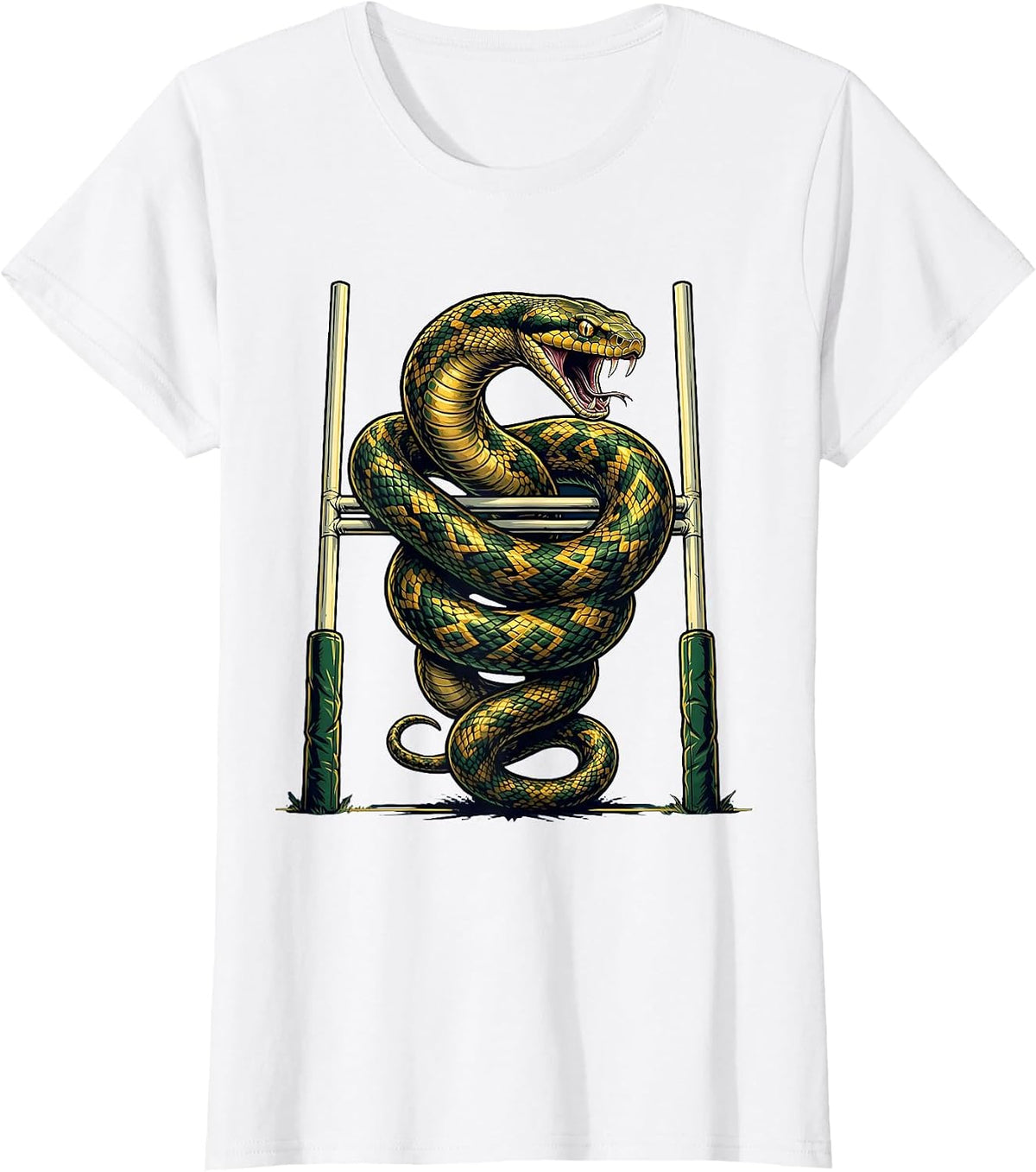 Serpent Coiled Around Rugby Goalposts T-Shirt - White
