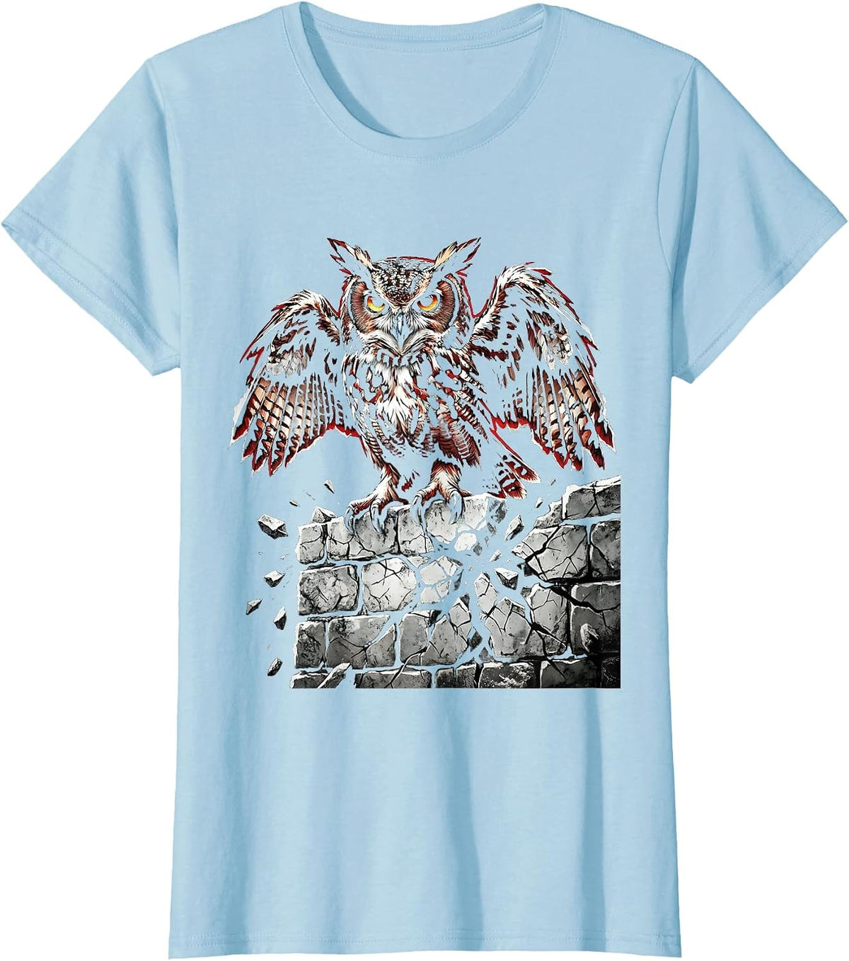 Owl on Crumbling Stone Wall Free Speech Design T-Shirt - Baby Blue