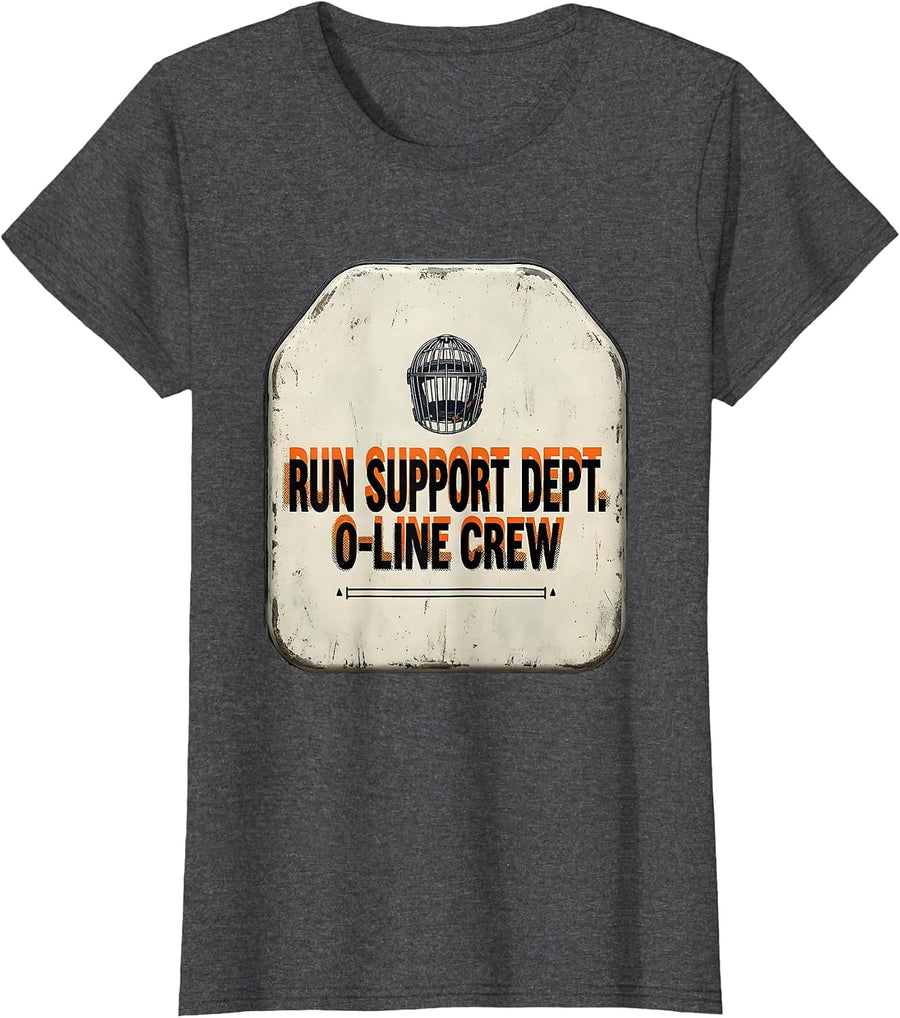 Women's Run Support Dept O-Line Crew Funny Football Lineman T-Shirt - Dark Heather Grey