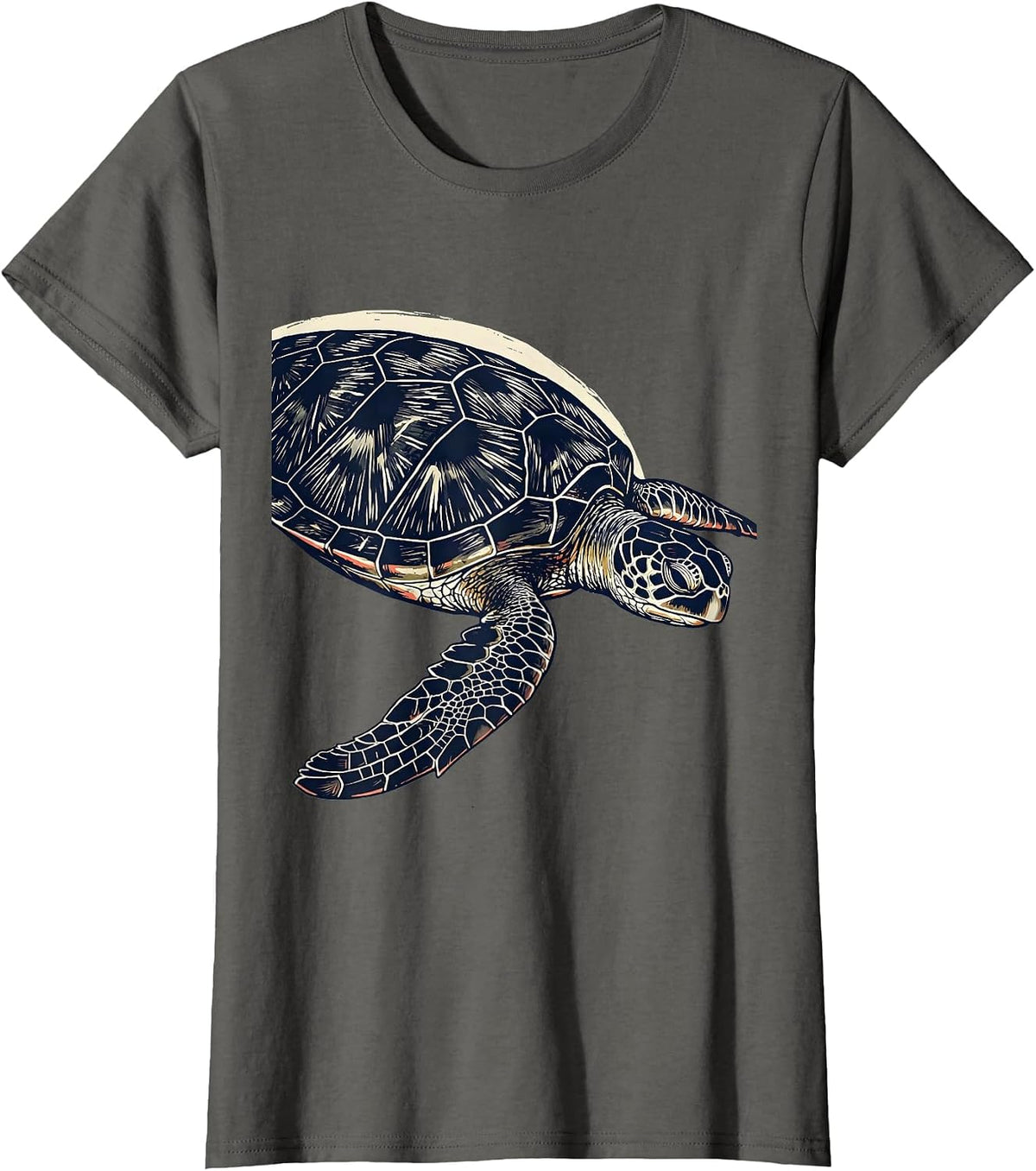 Women's Sea Turtle Linocut Ocean Animal Lover Artwork T-Shirt - Asphalt Grey