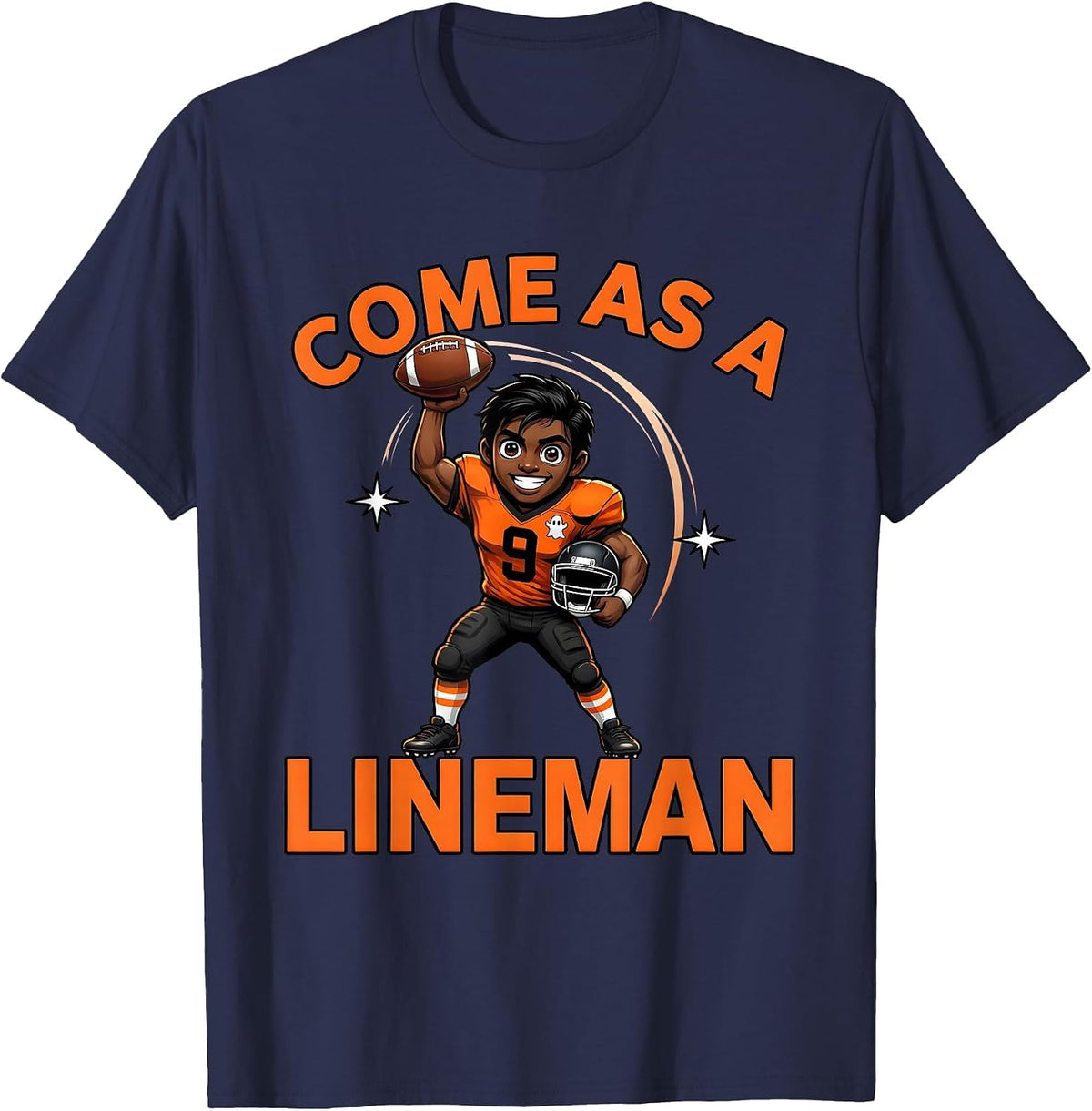 Men's COME AS A LINEMAN Funny Cartoon Football Player Halloween T-Shirt - Navy Blue