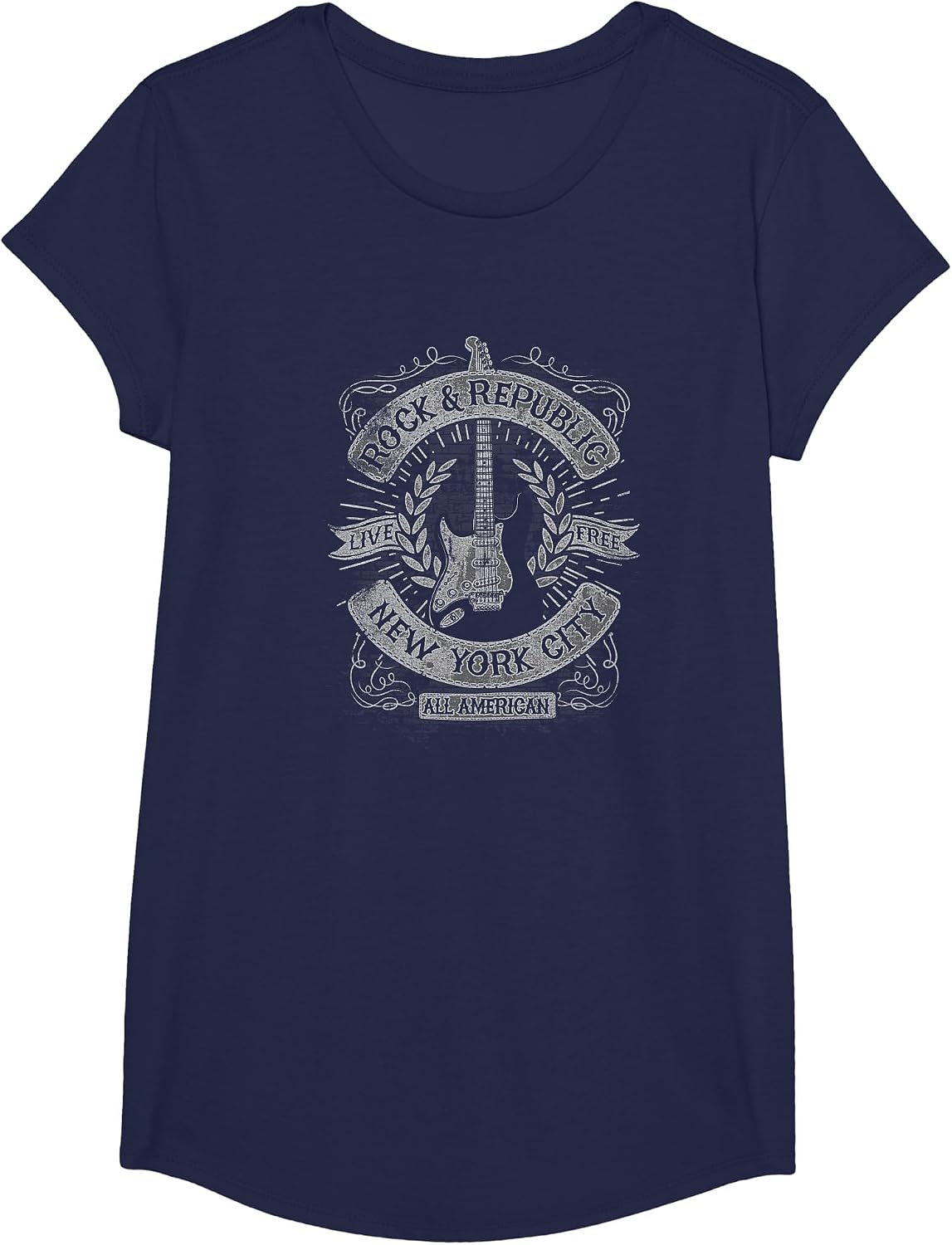Trendy Rock and Republic NY Guitar Poster T-Shirt - Girls Navy Blue