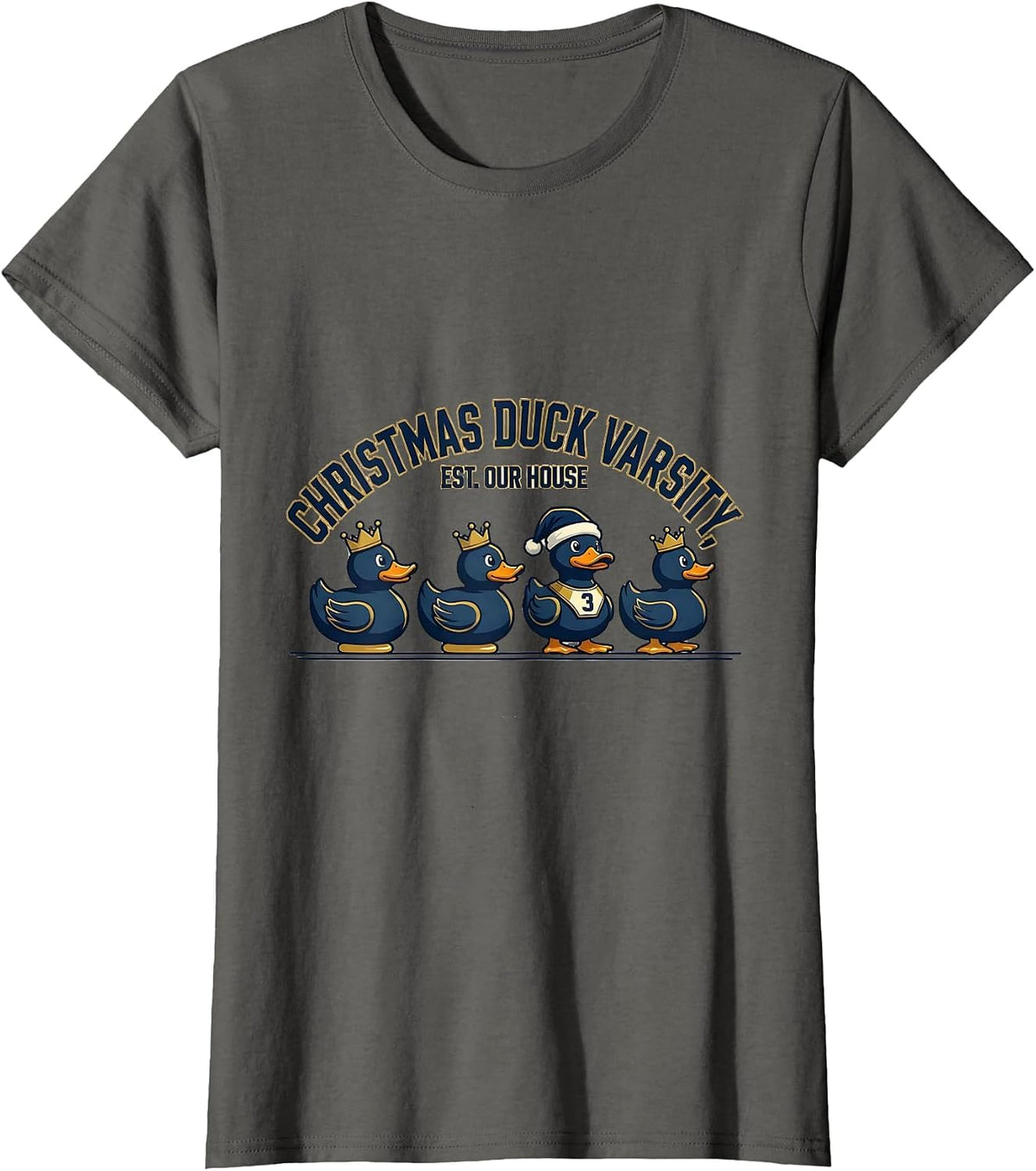 Women's Christmas Duck Varsity Est Our House Sports Duck Lover T-Shirt - Asphalt Grey