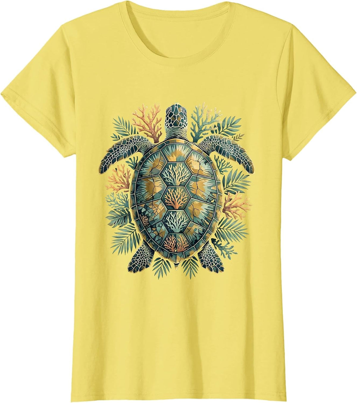 Women's Aloha Sea Turtle Coral Reef Graphic Tee T-Shirt - Lemon Yellow