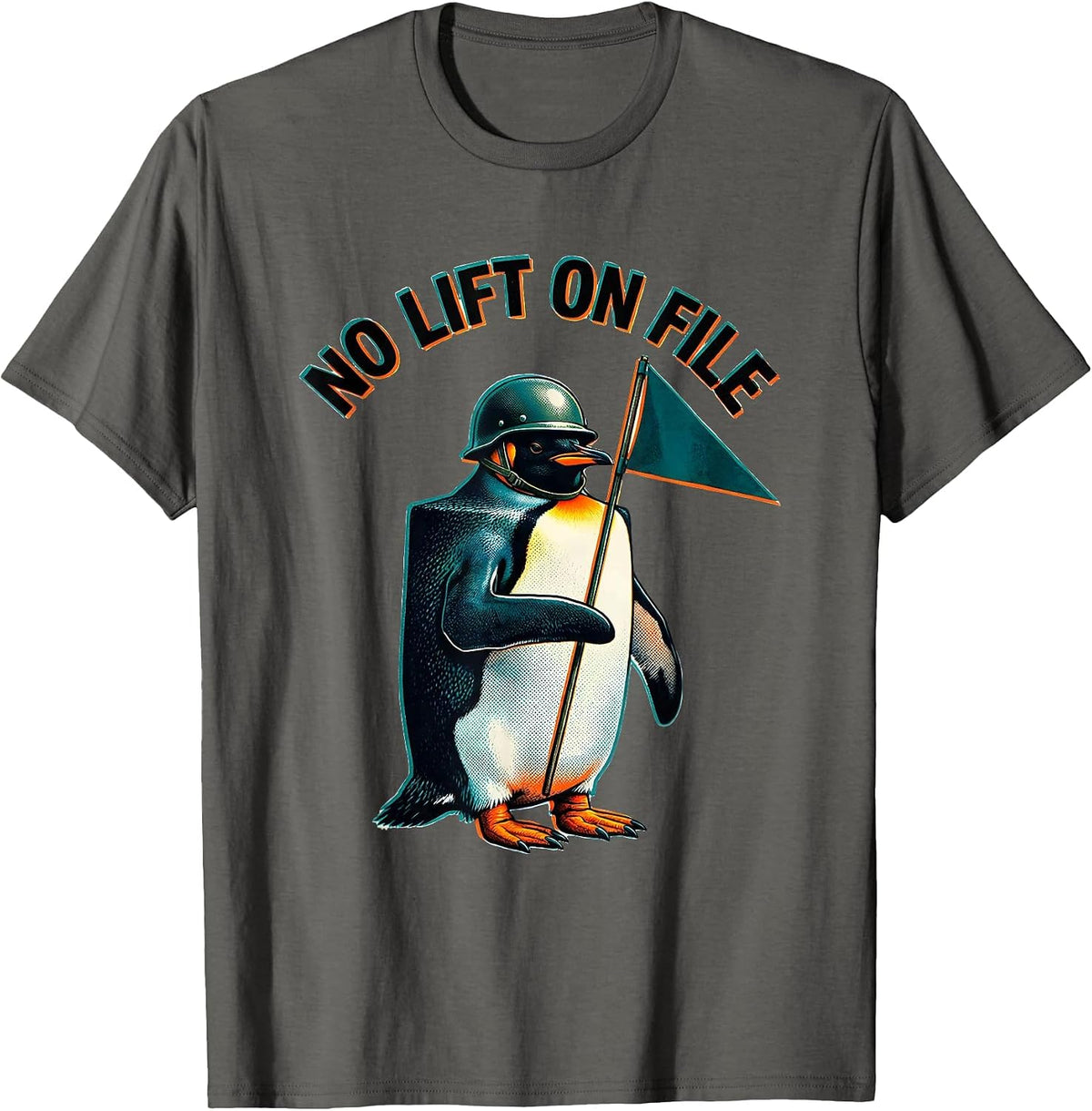 No Lift On File Risograph Funny Tactical Penguin Meme Humor T-Shirt - Asphalt Grey