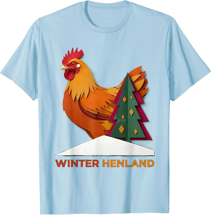 Men's Winter Henland Paper Cutout Funny Chicken Lover Christmas T-Shirt - Baby Blue