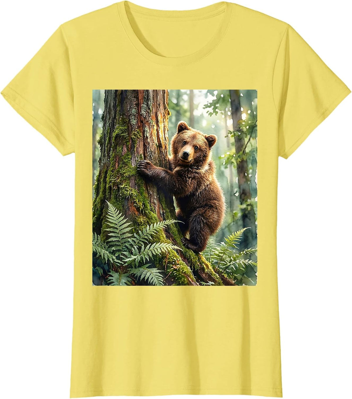 Bear Cub Climbing Mossy Forest Tree Illustration T-Shirt - Lemon Yellow