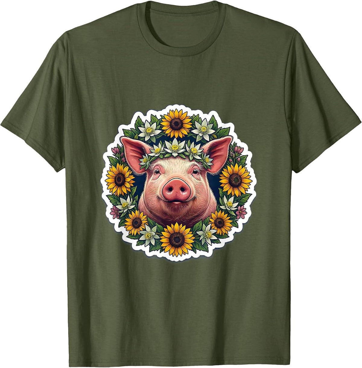 Oktoberfest Pig with Flower Crown Garland T-Shirt - Olive Green
