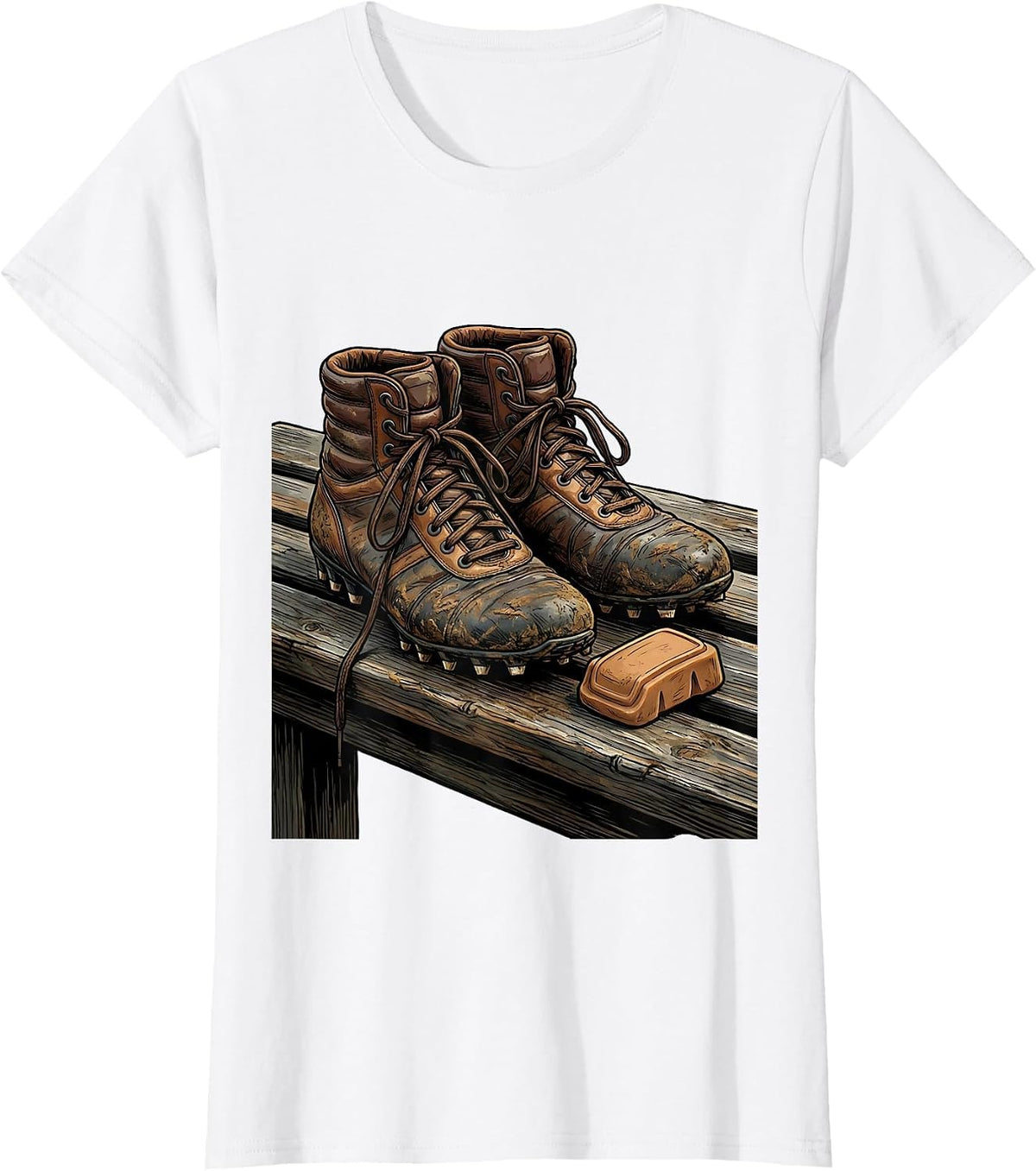 Rugby Boots and Gumshield Wooden Bench Illustration T-Shirt - White