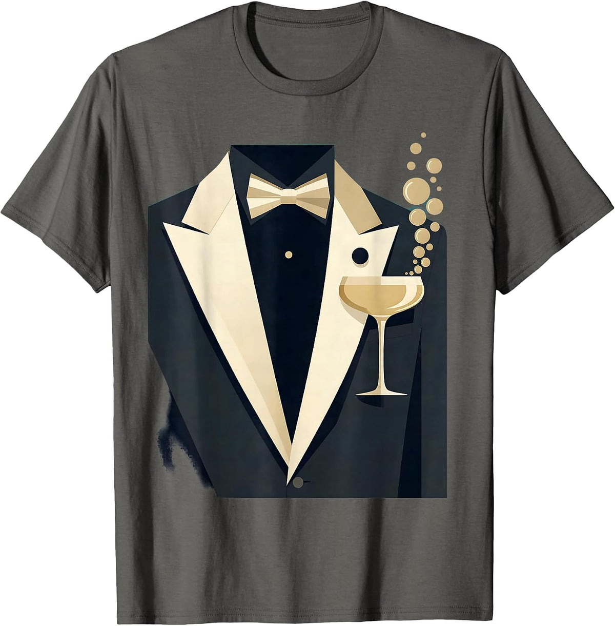 Men's Tuxedo Lapel Champagne Glass Graphic Tee T-Shirt - Asphalt Grey