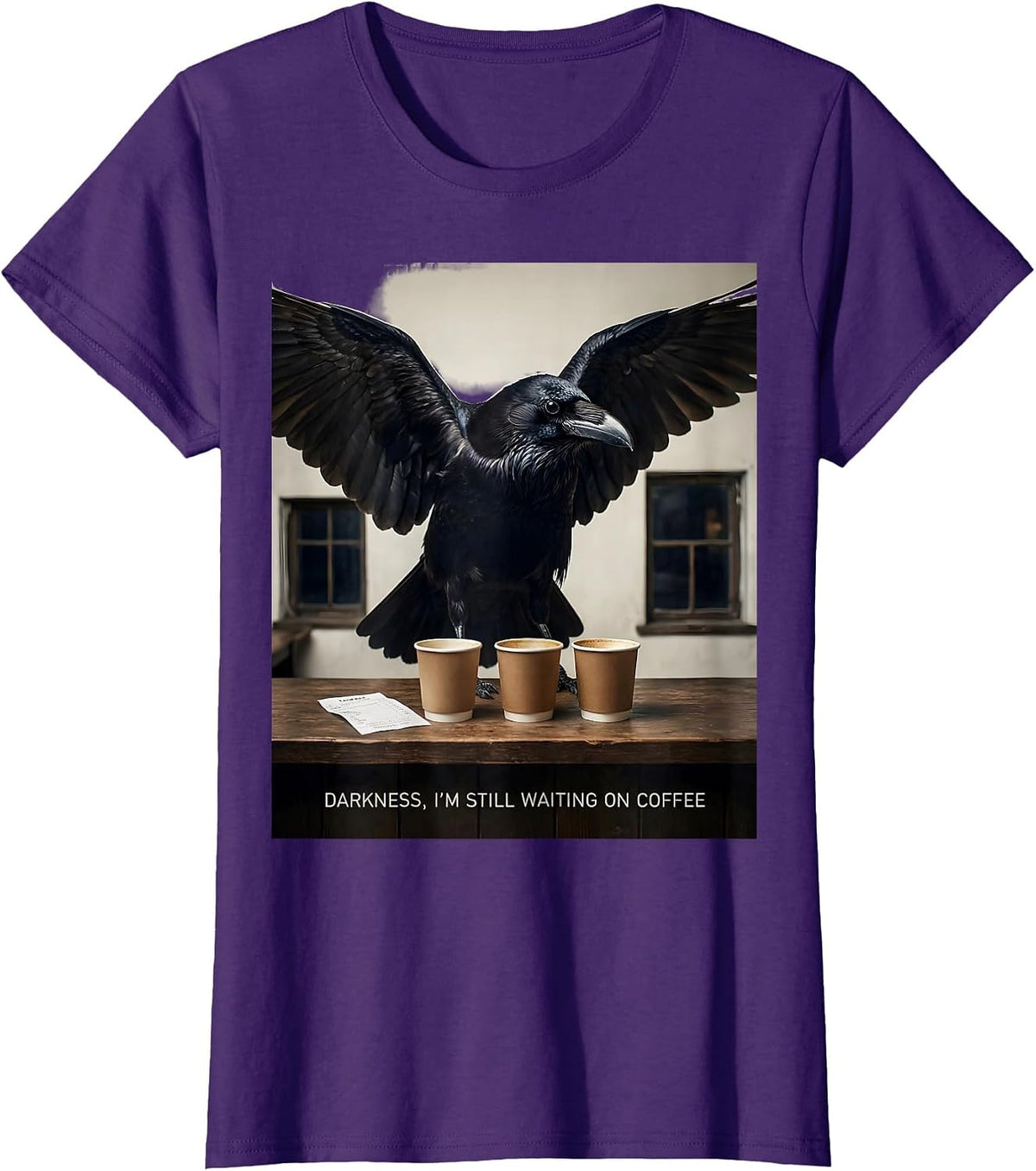 Women's Darkness, I’m Still Waiting On Coffee Funny Gothic Raven T-Shirt - Purple
