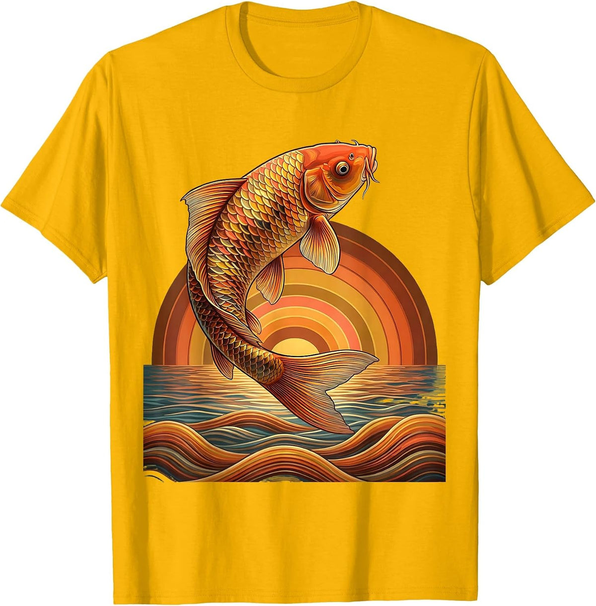 Rainbow Koi Fish Leaping From Water Illustration T-Shirt, Men, Golden Yellow, Medium - As Pictured