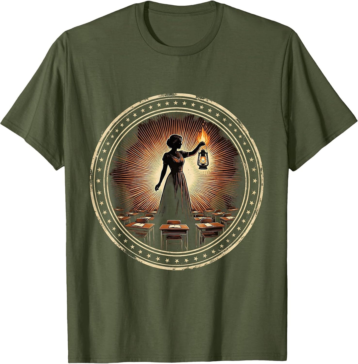 Elementary Teacher Lantern Classroom Illustration T-Shirt - Olive Green