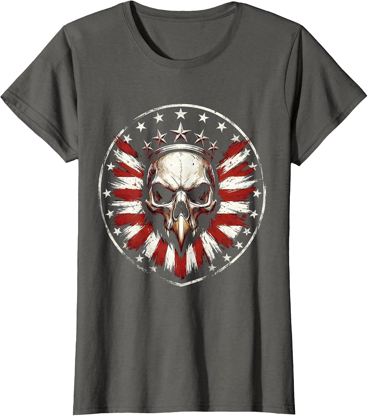 Women's Patriotic Bald Eagle Skull Star Crown Design T-Shirt - Asphalt Grey