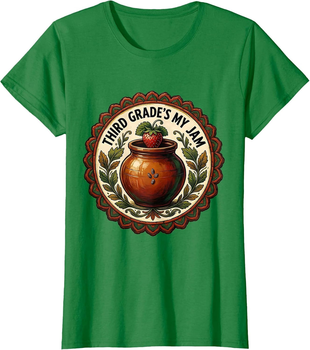 Third Grade's My Jam Folk Art Strawberry Back To School T-Shirt - Kelly Green