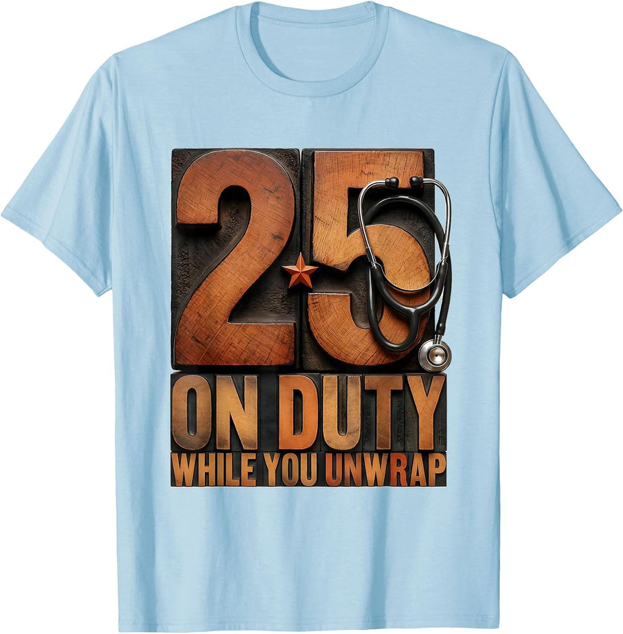 Men's On Duty While You Unwrap Funny Vet Tech Christmas Crew T-Shirt - Baby Blue