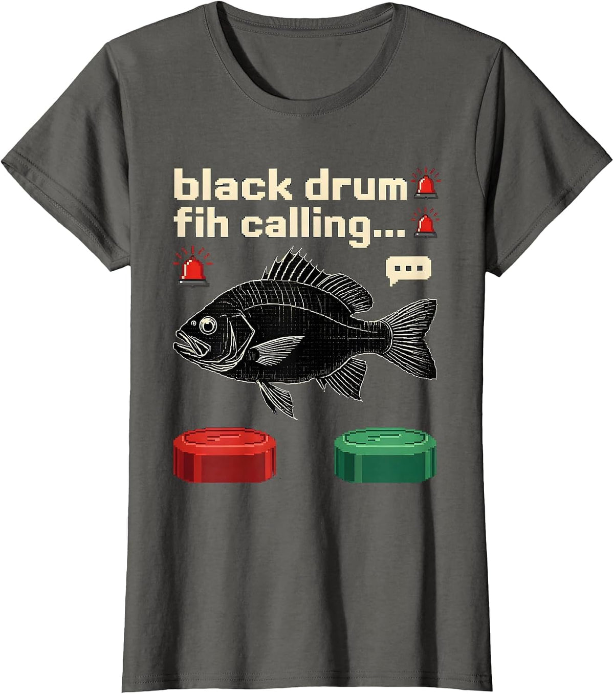 Women's black drum fih calling… Pixel Art Fishing Meme Humor T-Shirt - Asphalt Grey