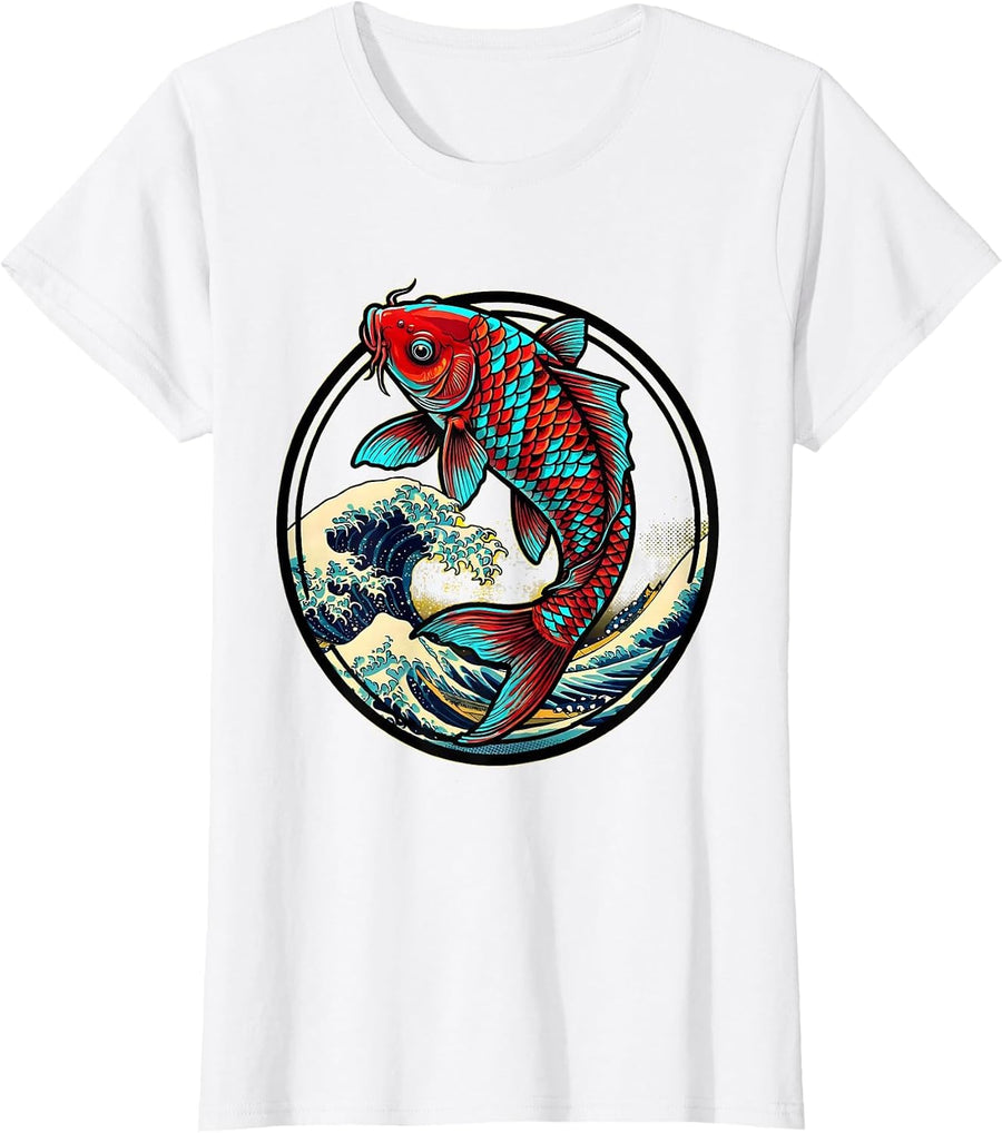 Women's Koi Fish Leaping Waves Japanese Anime Art T-Shirt - White