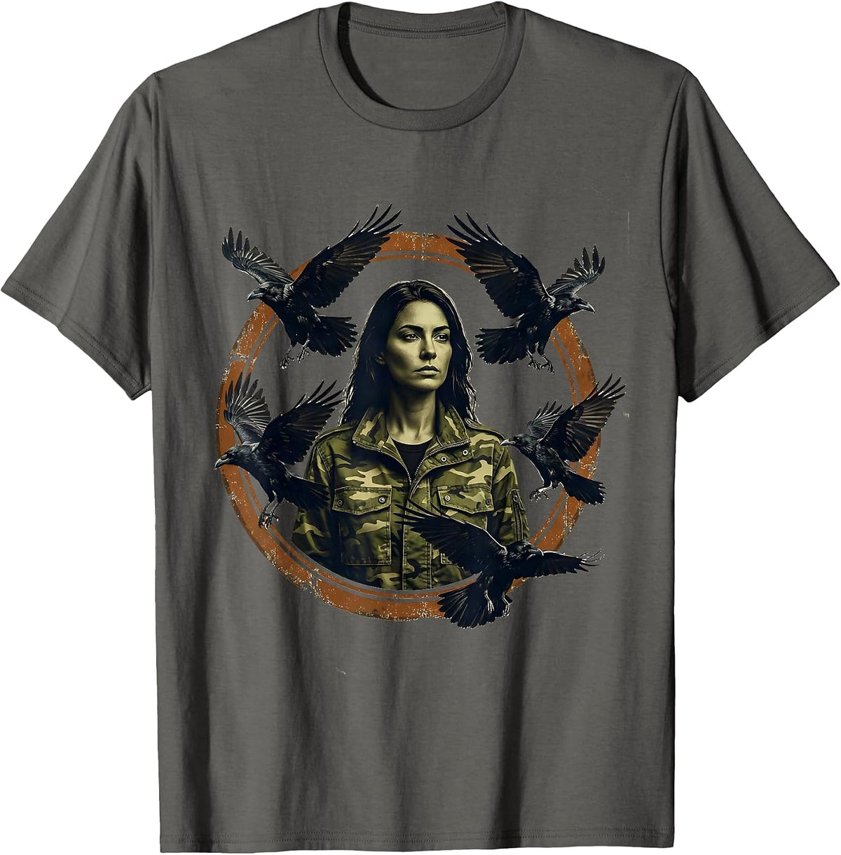 Men's Camo Jacket Raven Illustration Graphic Design T-Shirt - Asphalt Grey