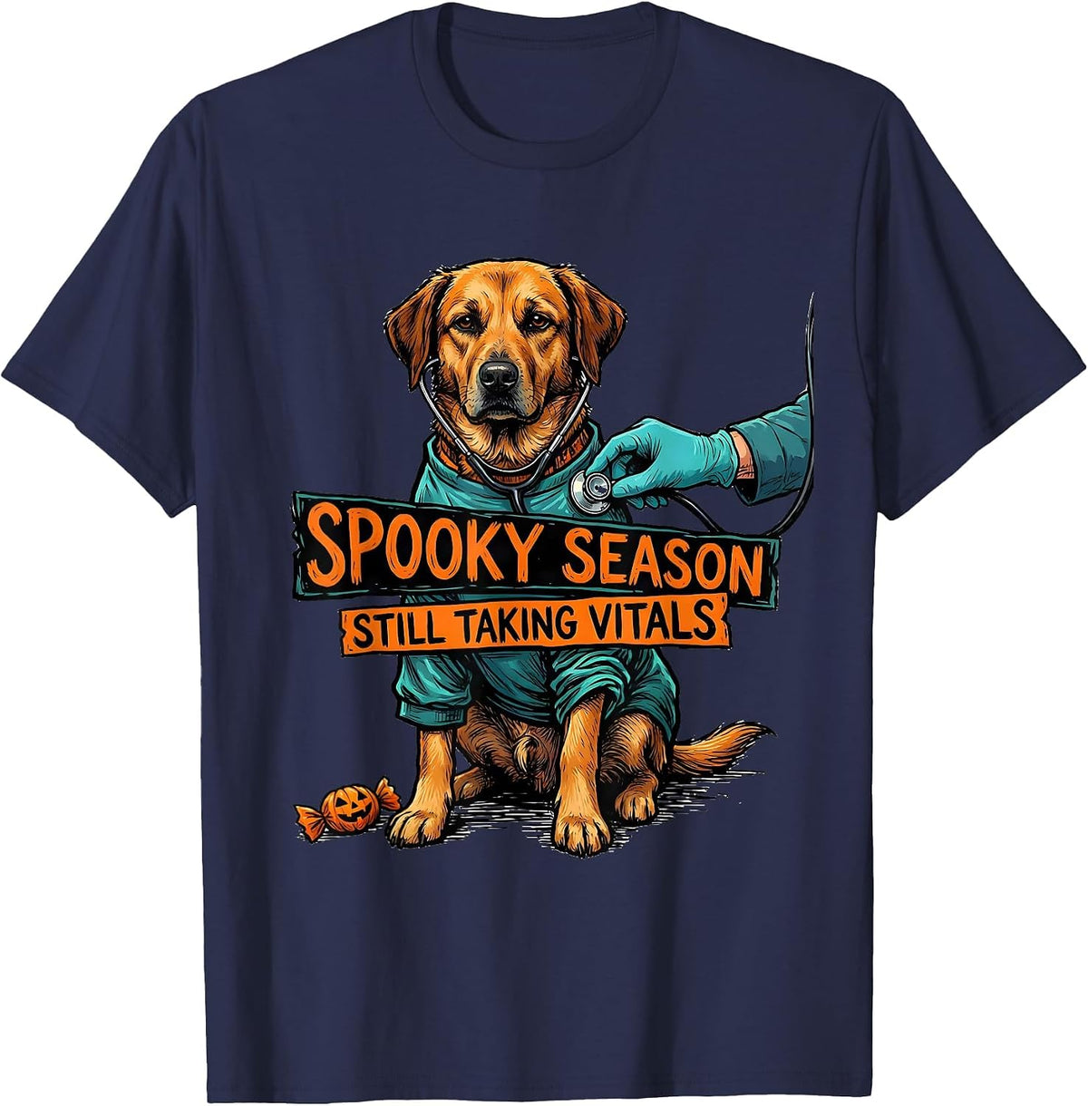 Men's Spooky Season, Still Taking Vitals Funny Vet Tech Veterinary T-Shirt - Navy Blue