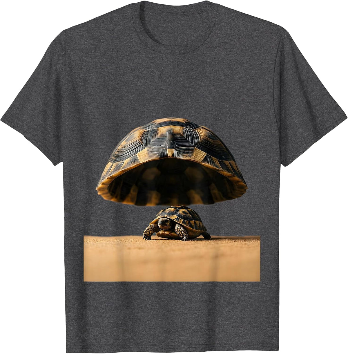 Big Little Turtle Carrying Enormous Shell Art T-Shirt - Dark Heather Grey